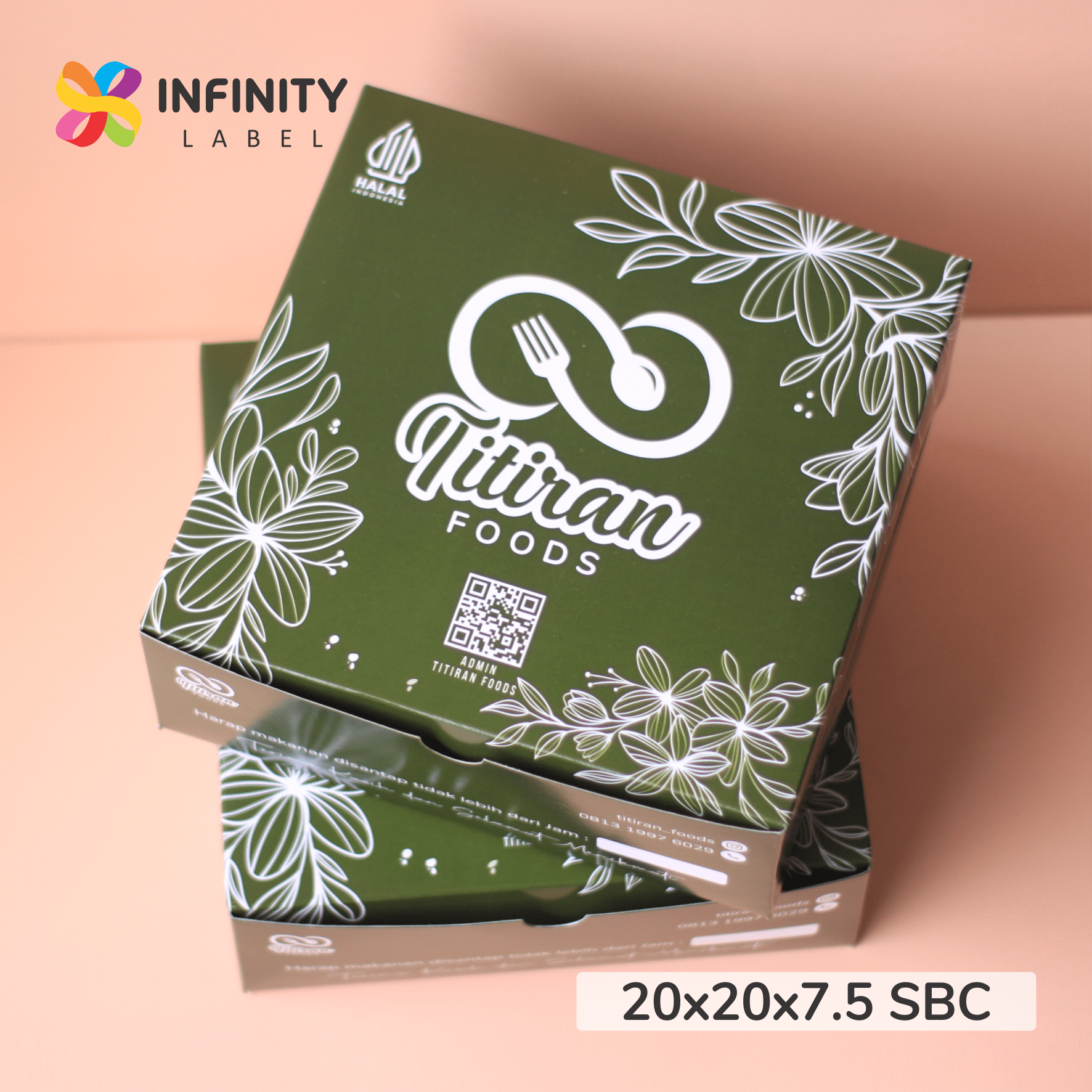 Cetak dus nasi 20x20x7.5 merek titiran food bahan duplex 350 gr dengan desain hijau pekat