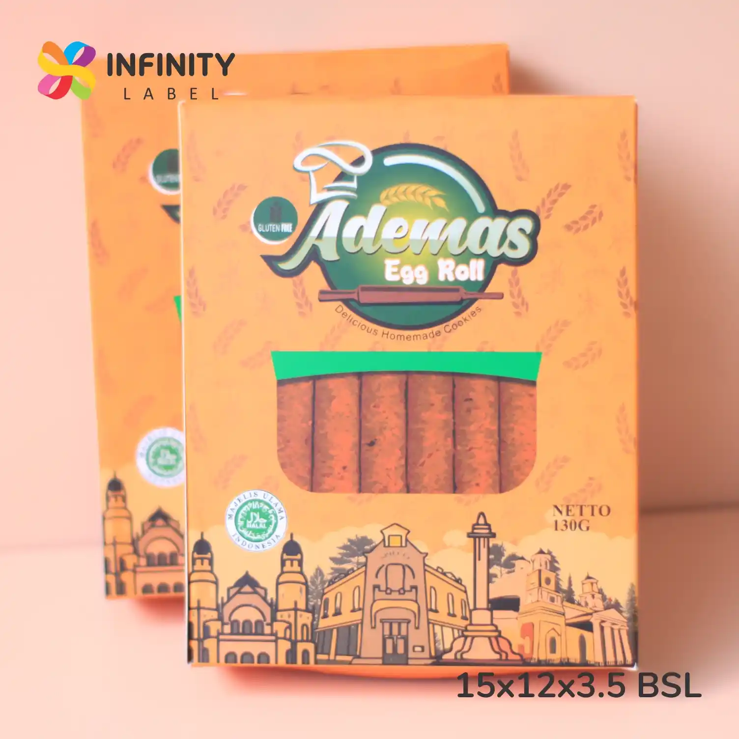 Packing makanan Serang dus oranye cerah motif gandum jendela bening untuk egg roll renyah menggugah selera