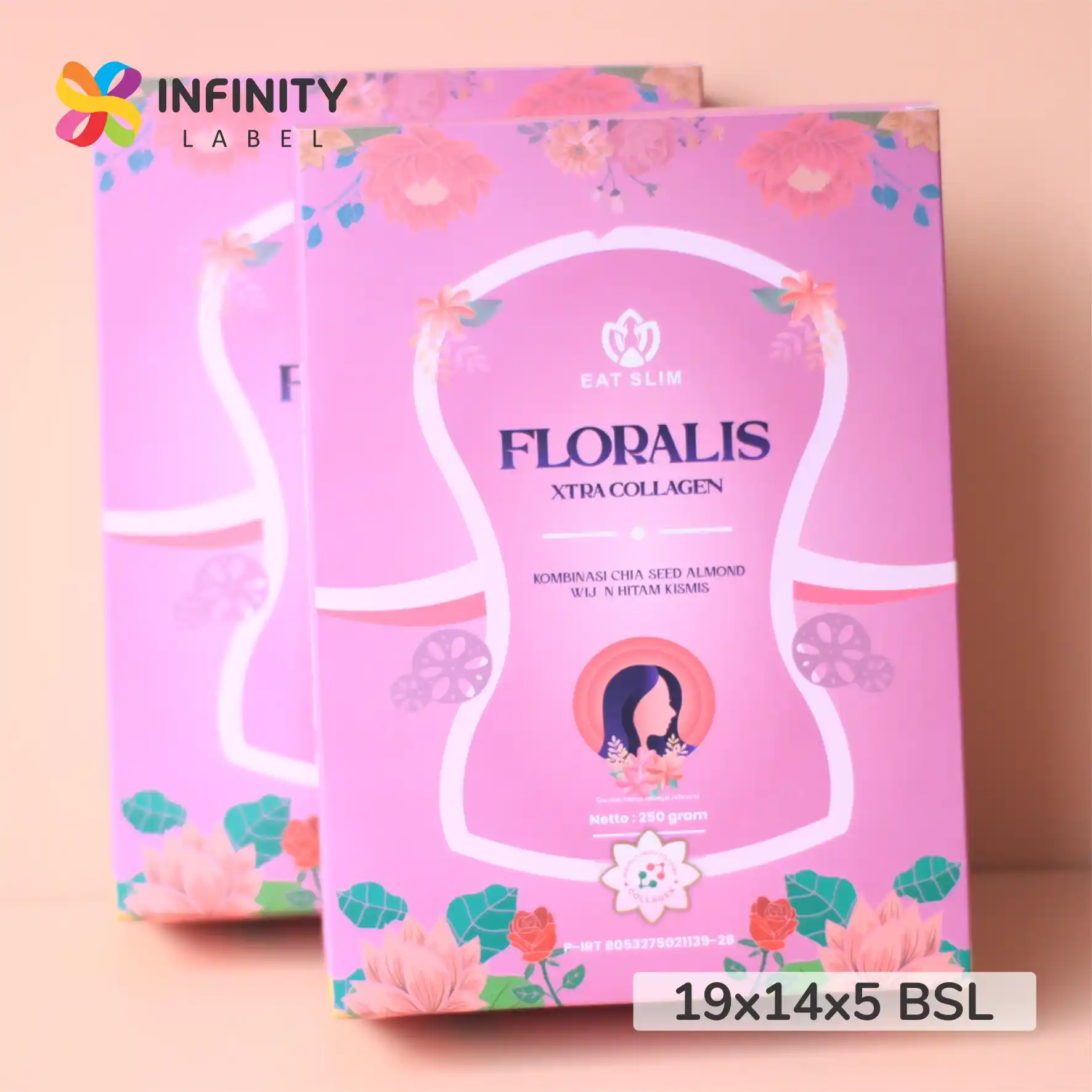 Kotak suplemen kolagen fungsional merah muda pastel dengan motif bunga dan siluet wanita cetak kemasan Tangerang Selatan ukuran 19x14x5
