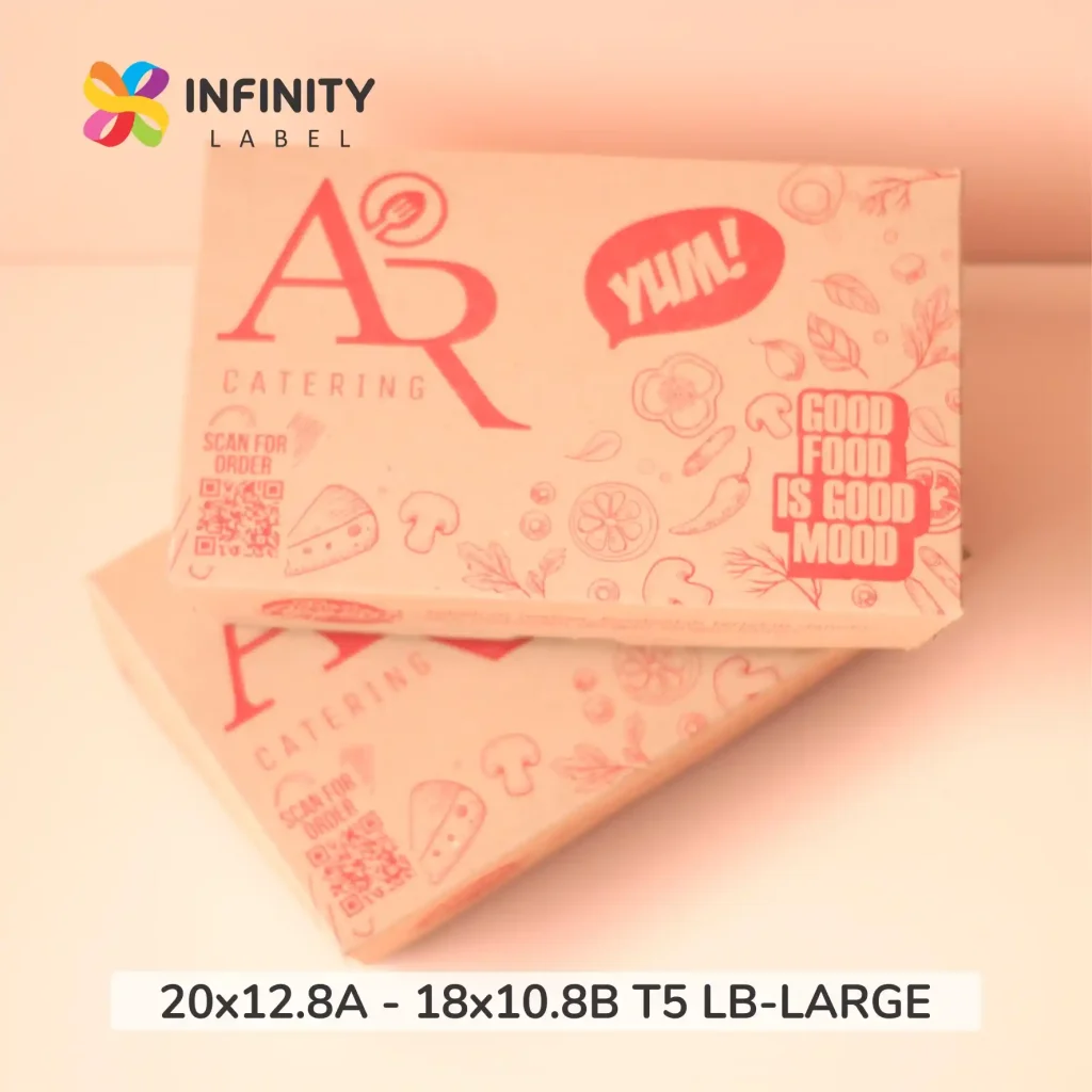 Lunch box paper Serang ukuran 20×12.8×5 kotak bermotif ilustrasi makanan merah ceria untuk wadah hidangan katering yang lezat