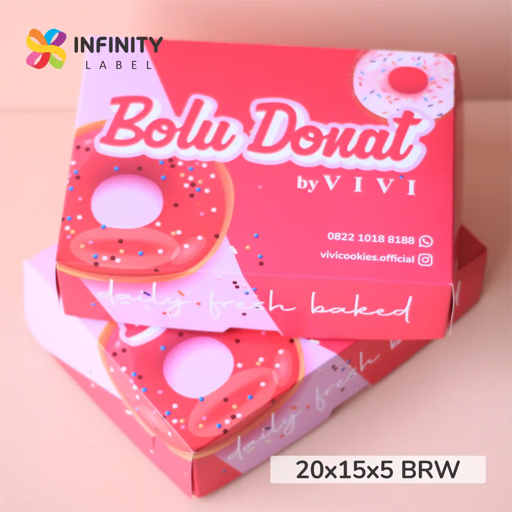 Cetak packaging bekasi kemasan dus donat custom vivi cookies ukuran 20x15x5 neon pink