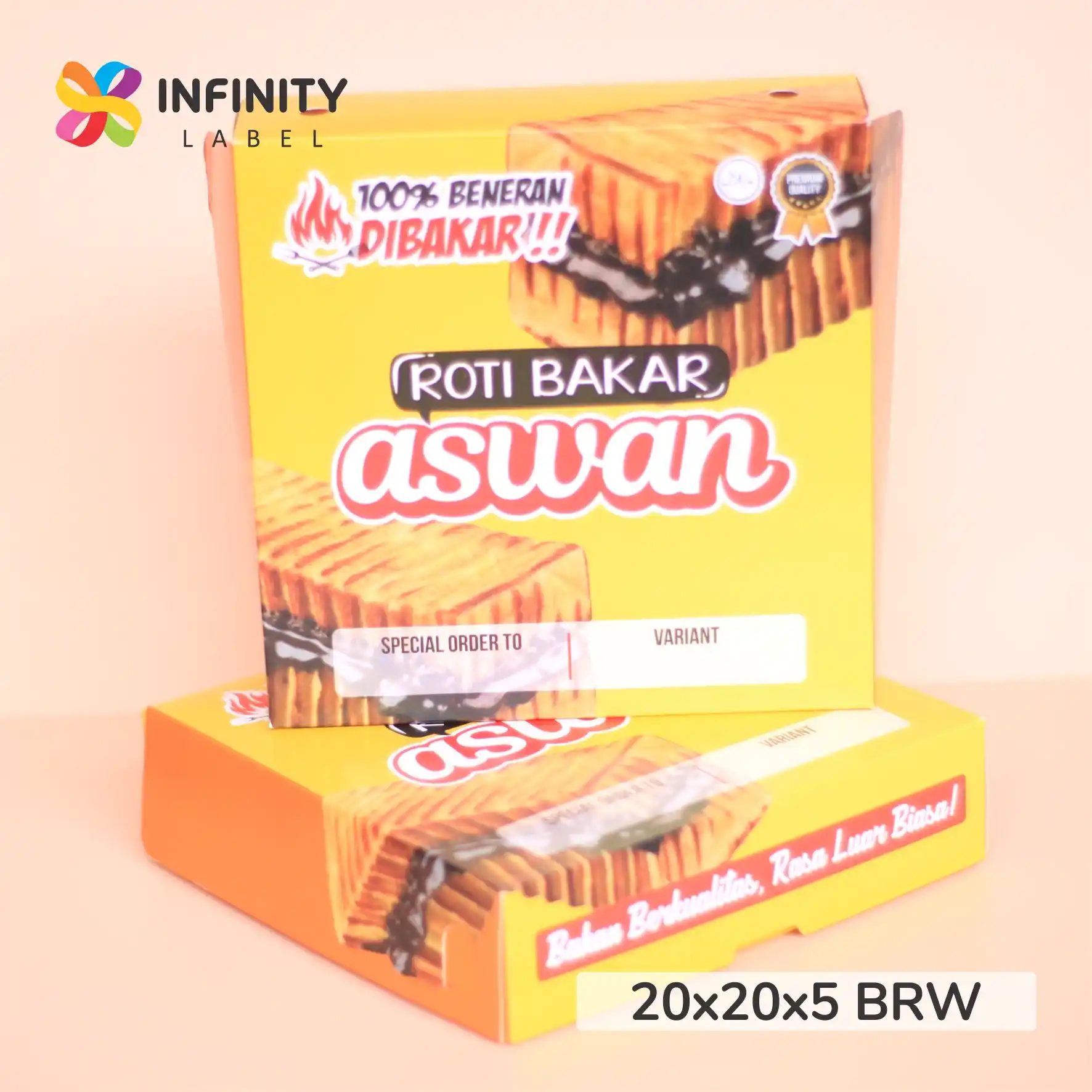 Cetak packaging magelang kemasan roti bakar 20x20x5 ivory 350 gsm premium laminasi sisi dalam