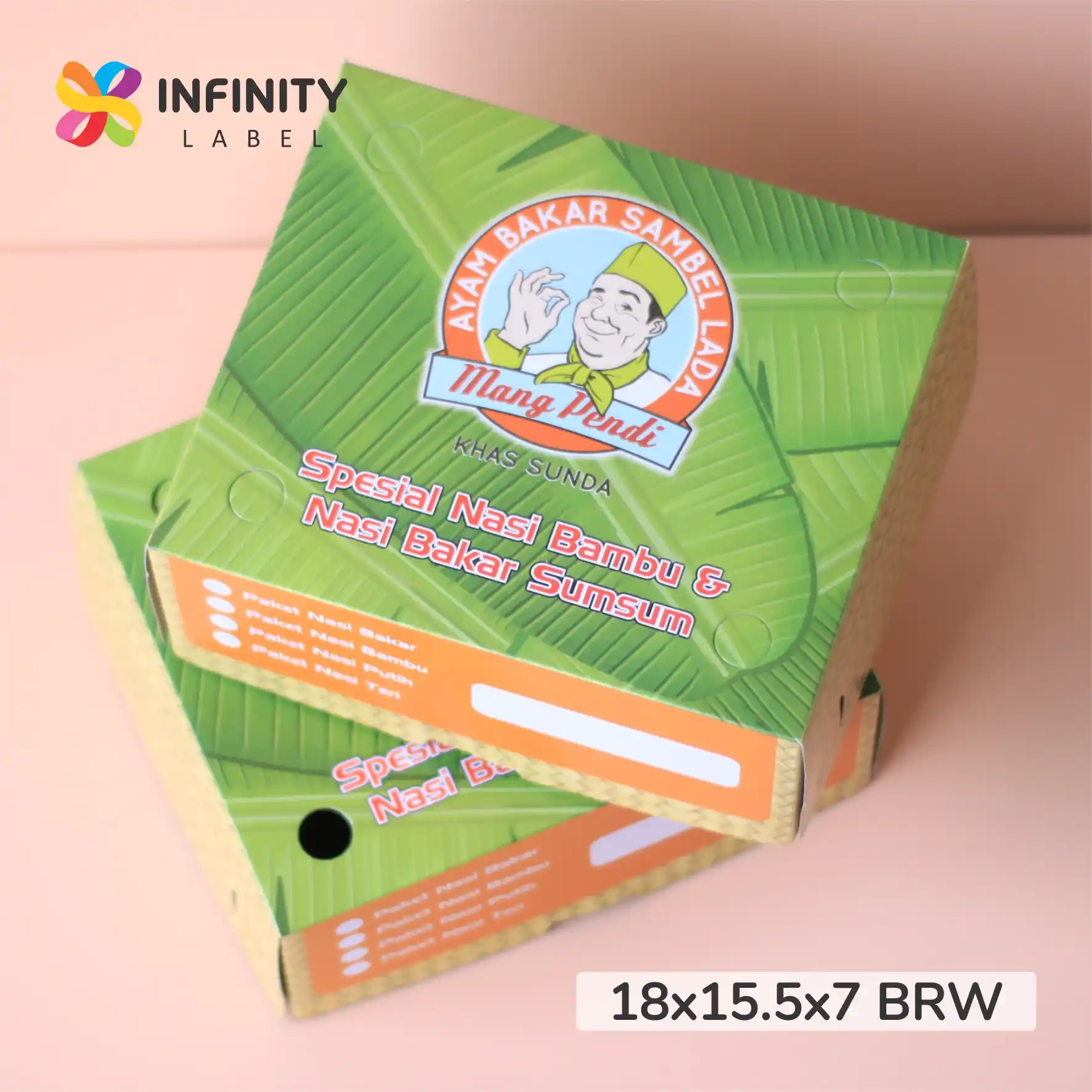 cetak dus nasi kotak banjarmasin ukuran 18x15.5x7 bahan duplex 350 gsm motif daun pisang untuk nasi bakar dan ayam panggang