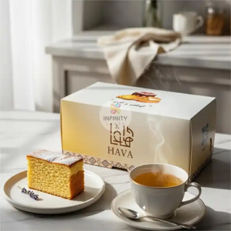 Dus snack box Cikarang putih krem elegan berhias logo custom dan ilustrasi kue untuk wadah aneka kue dan hantaran lezat