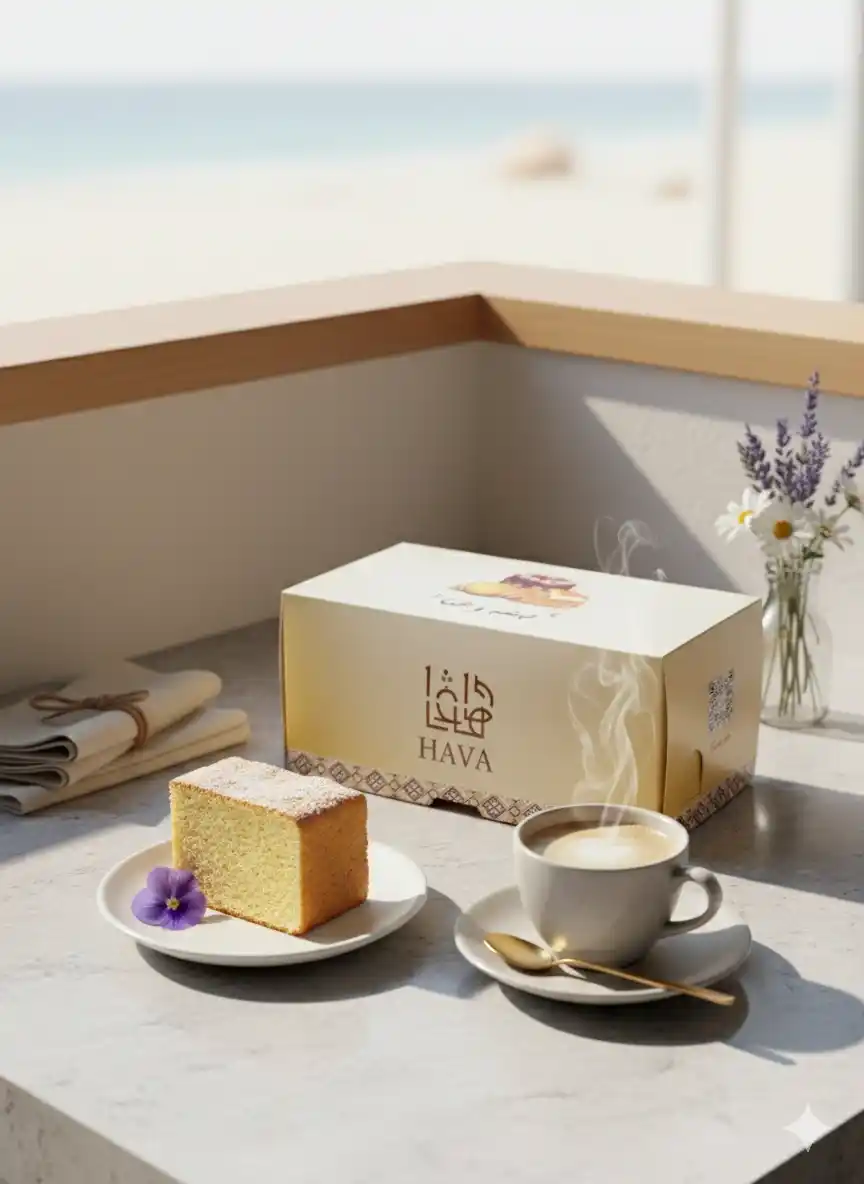 Cetak custom box packaging semarang produk cheese cake hava resto & cafe nuansa krem dan kuning arabian