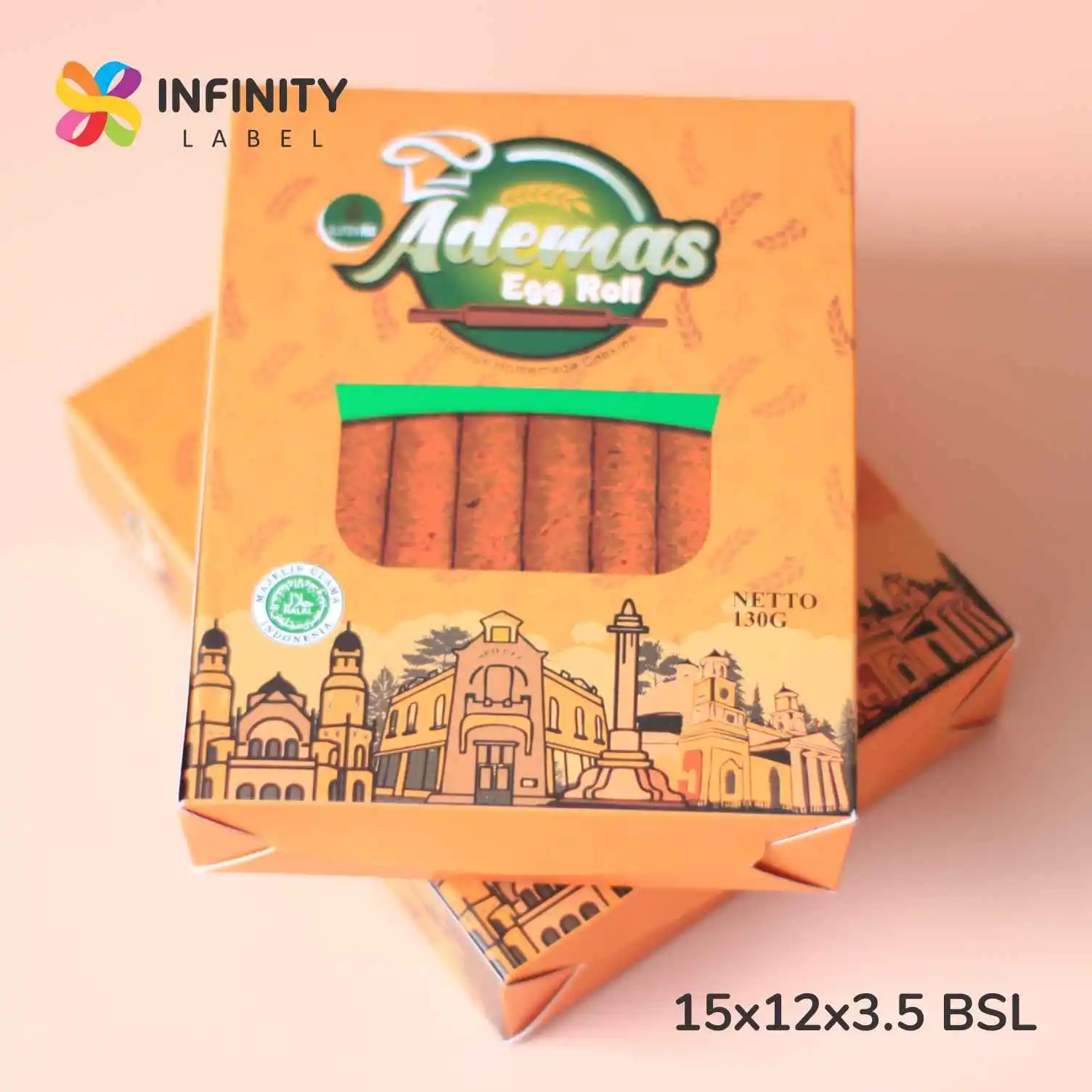 Packaging custom Bandung kotak kuning bergambar siluet gedung memikat pamerkan egg roll renyah di balik mika bening