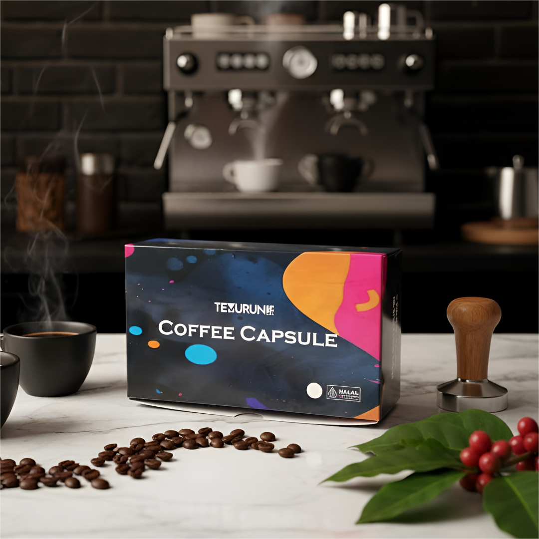 Kemasan kopi kapsul premium desain modern warna hitam dengan aksen abstrak, tampilan elegan dan eksklusif