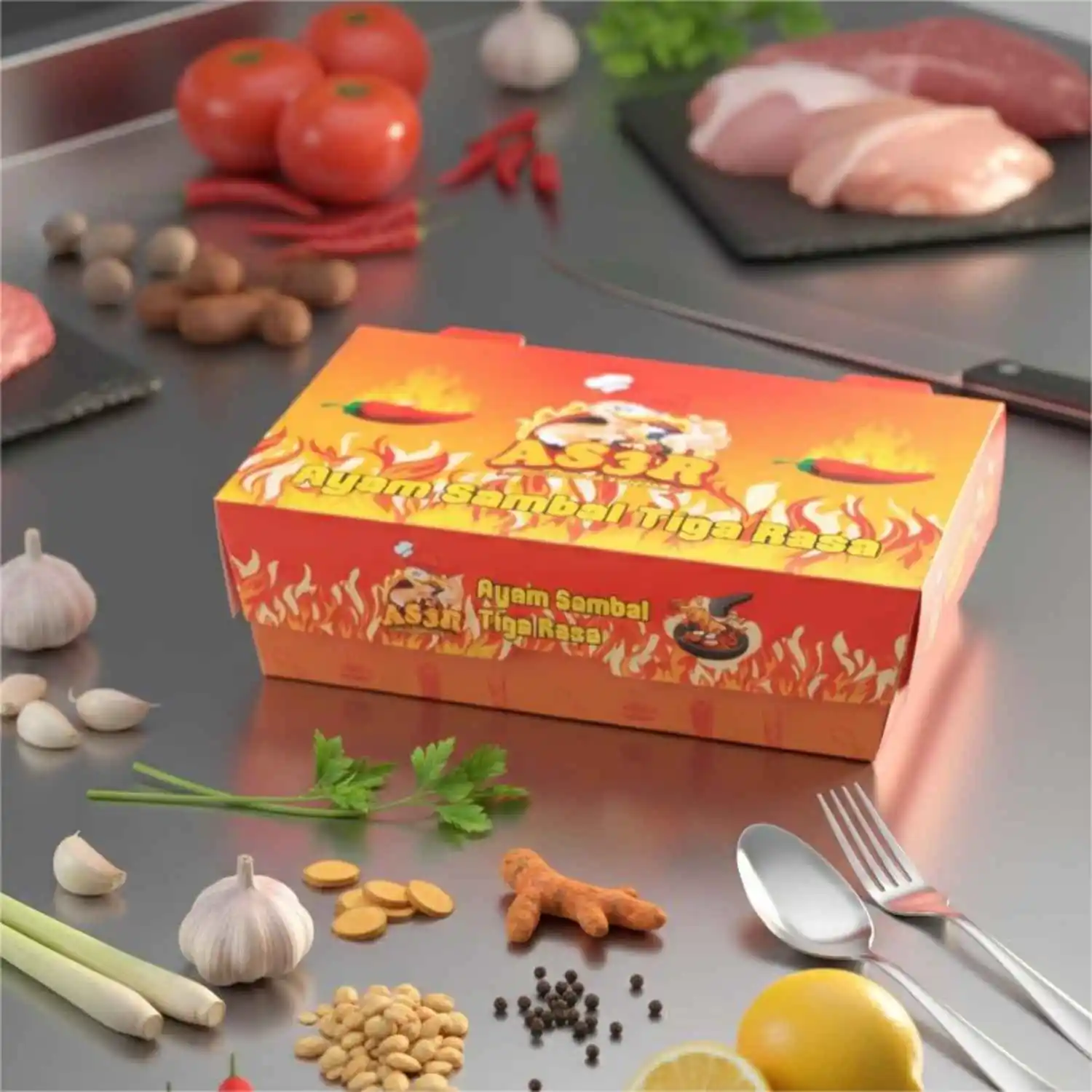 Lunch box tinggi 6 cm merek ayam sambal tiga rasa di cetak kemasan terdekat parepare