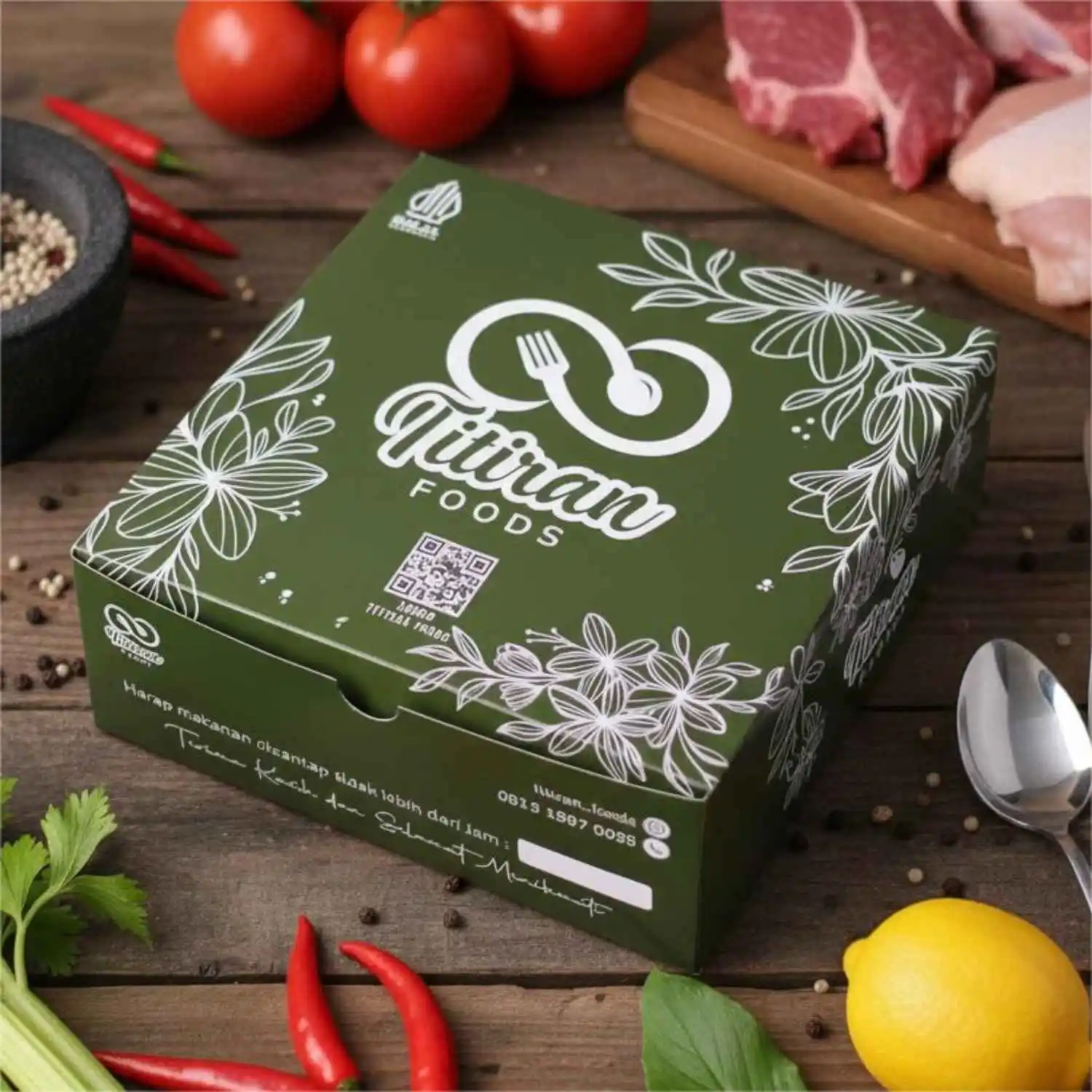 Dus nasi box 20x20x7.5 merek titiran foods dengan desain hijau tua di cetak kemasan terdekat pekalongan