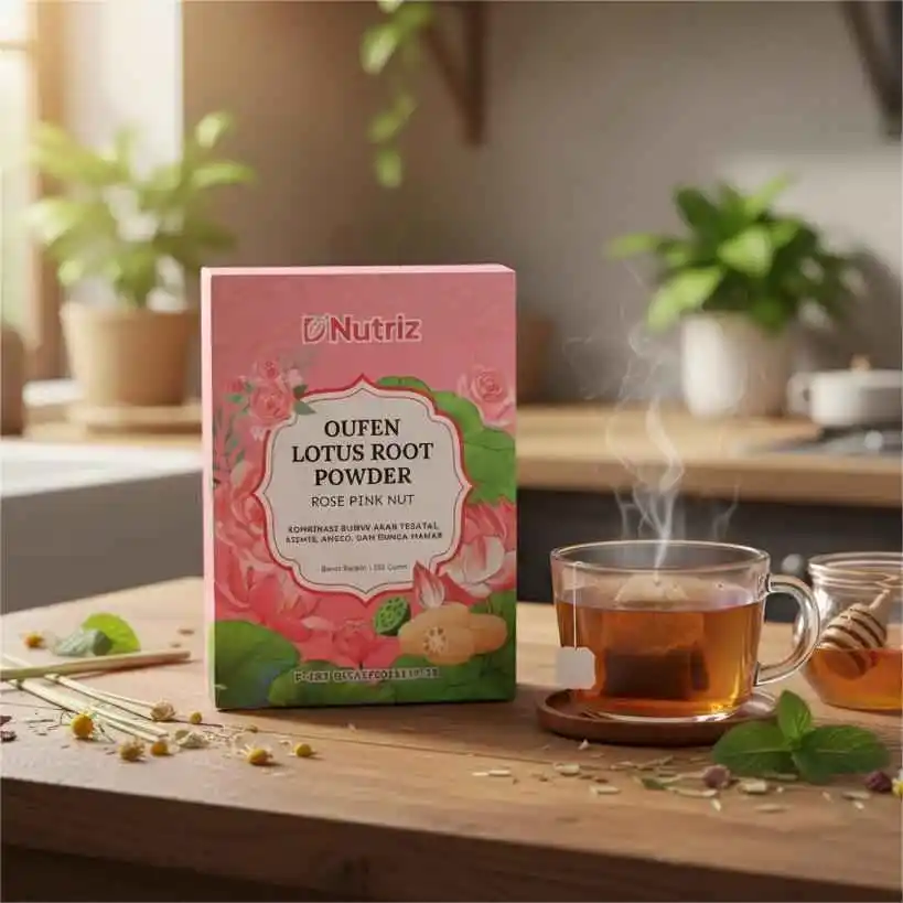 Cetak kemasan Tangerang untuk minuman herbal bubuk kotak karton tegak warna pink hijau bergambar bunga terasa halus kaku informatif elegan