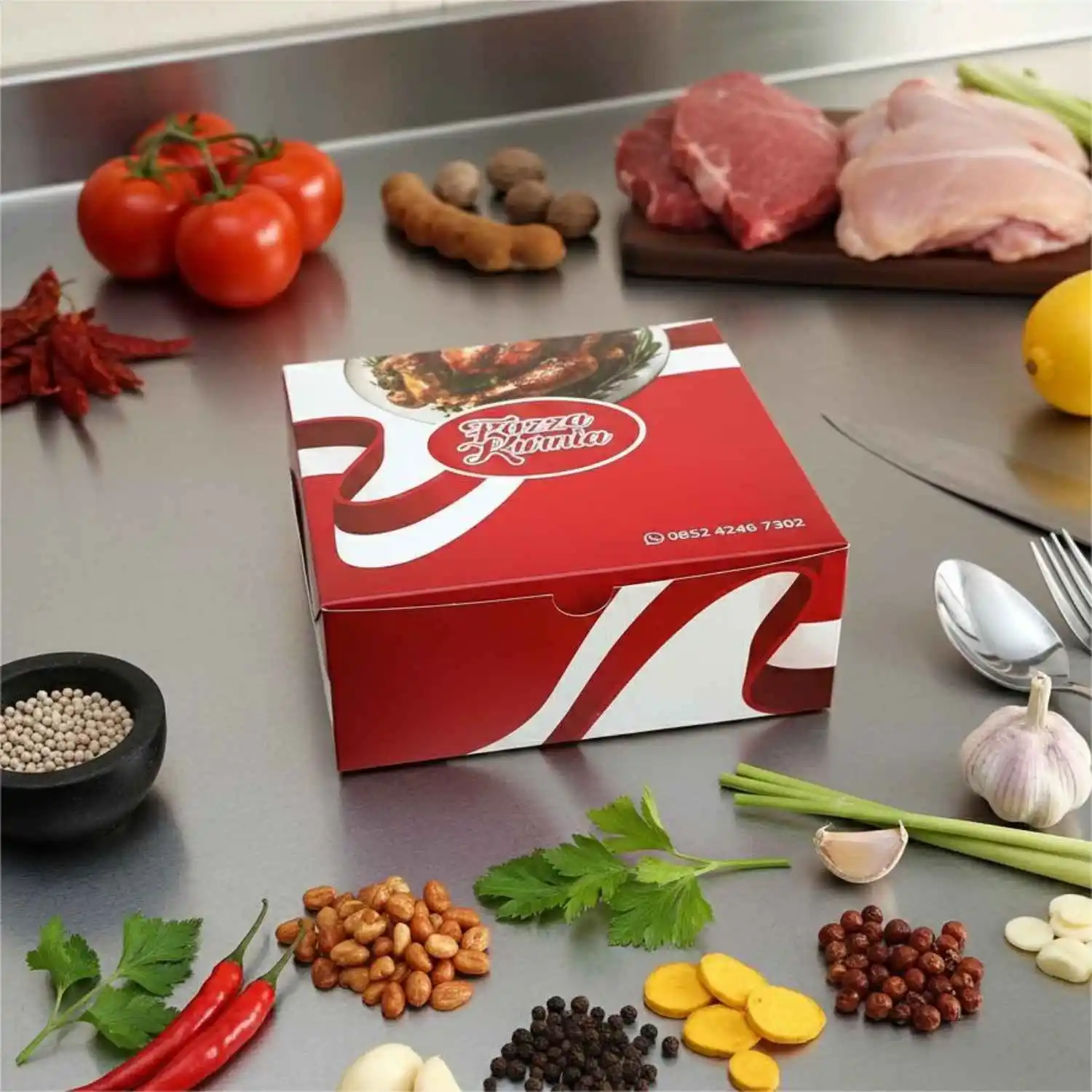 Dus nasi 18x18x7 merek Fazza Kurnia desain proklamasi RI di cetak kemasan terdekat tasikmalaya