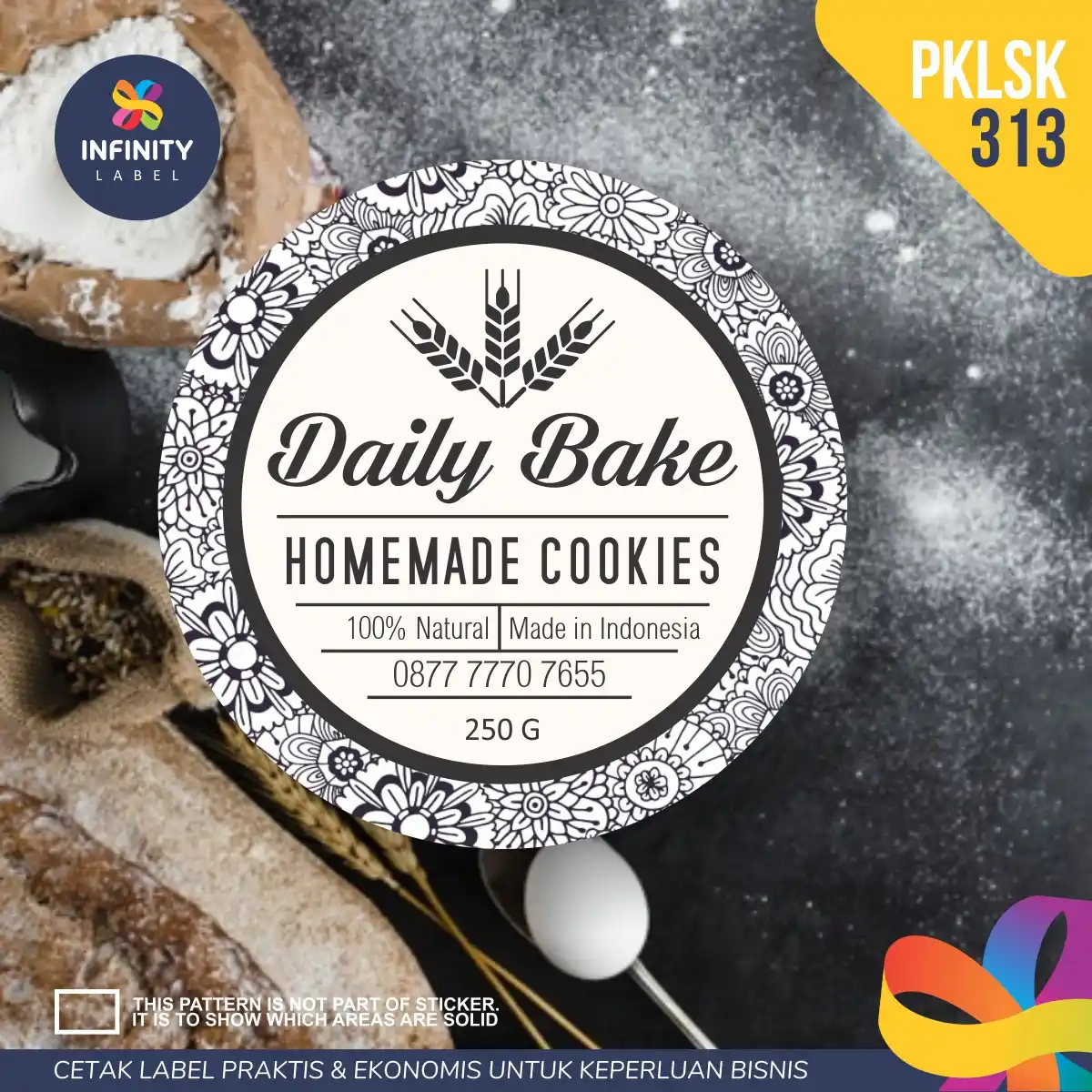 Desain logo stiker kue dengan konsep minimalis monokrom, cocok sebagai inspirasi stiker kue lebaran yang elegan dan informatif