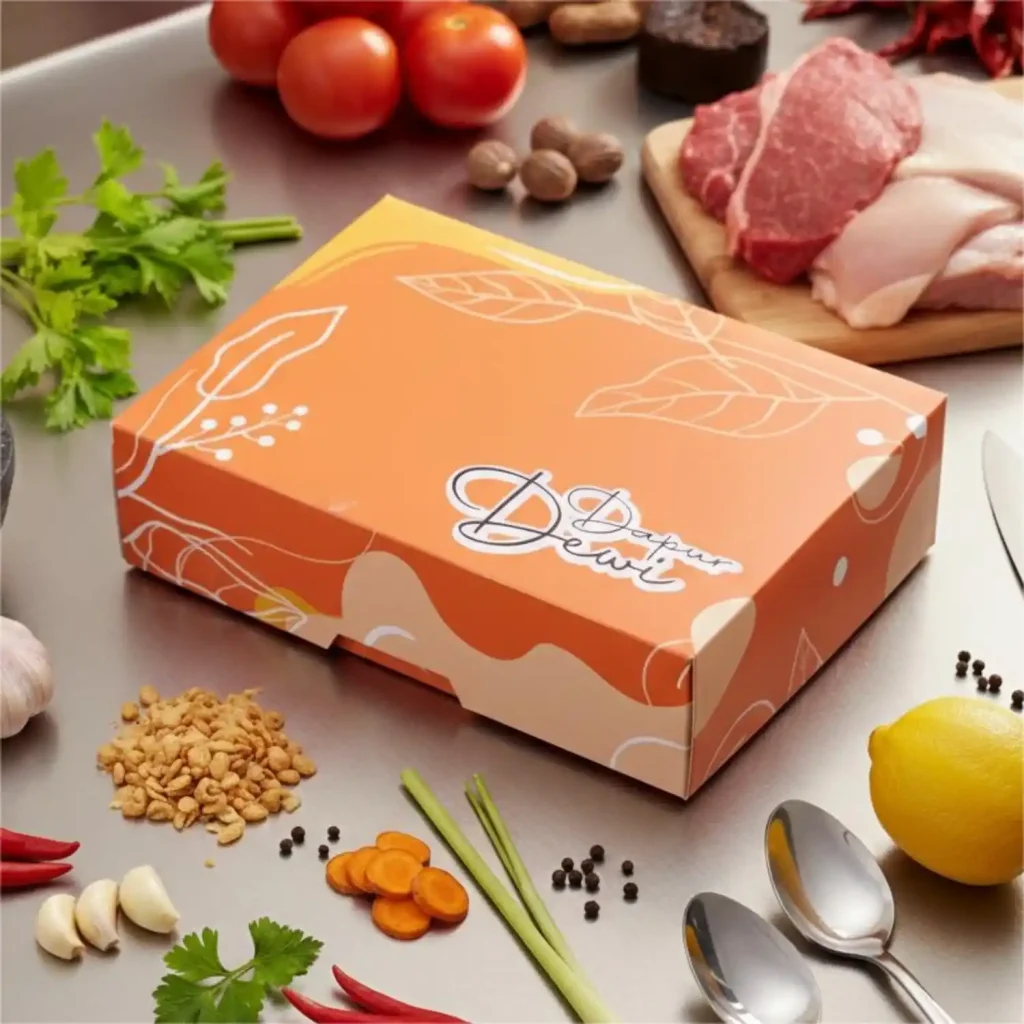 Desain box kotak nasi kekinian merek dapur dewi dengan ukuran 27x20x7 ivory 350 gr desain orange premium