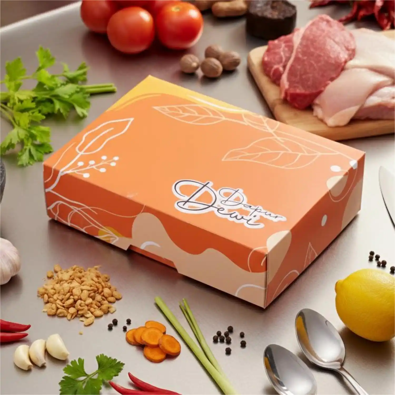 Desain box kotak nasi kekinian merek dapur dewi dengan ukuran 27x20x7 ivory 350 gr desain orange premium